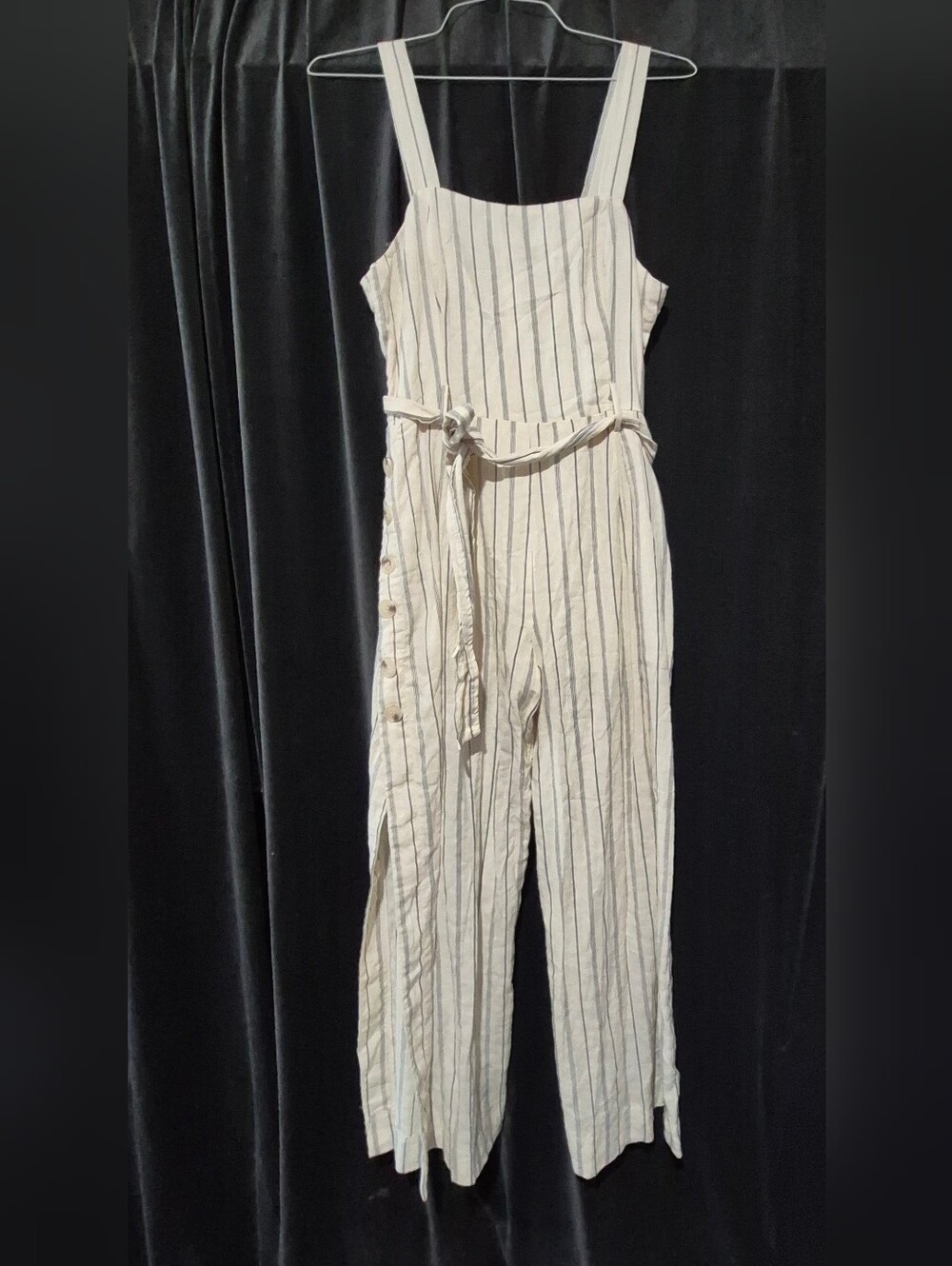 Gilli Cream Jumpsuit with Black Vertical Stripes and Tie Belt